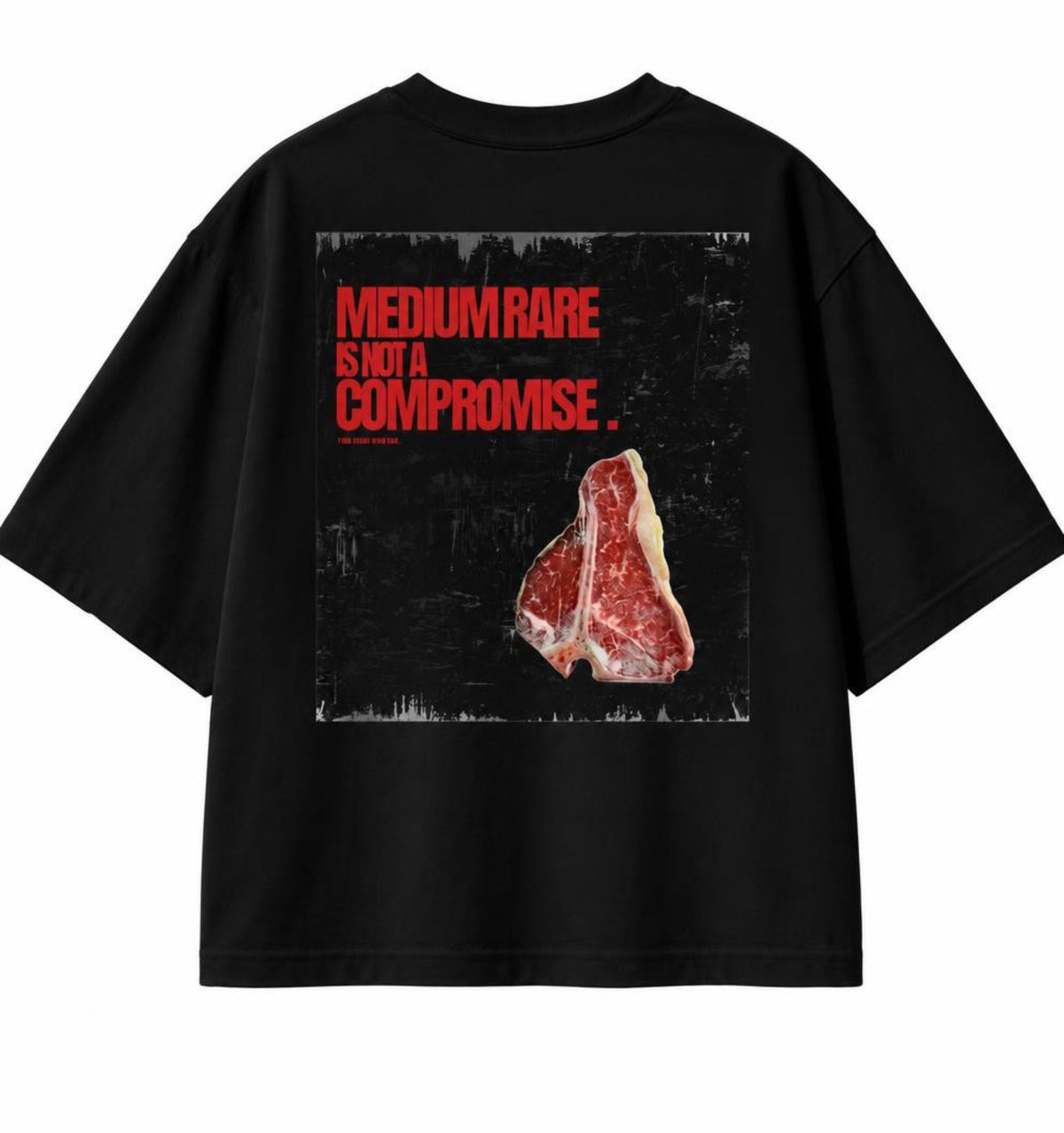 BACCONE Bistecca Premium Oversize T-Shirt in Schwarz mit rotem Medium Rare Is Not A Compromise Schriftzug und T-Bone-Steak Vintage Backprint