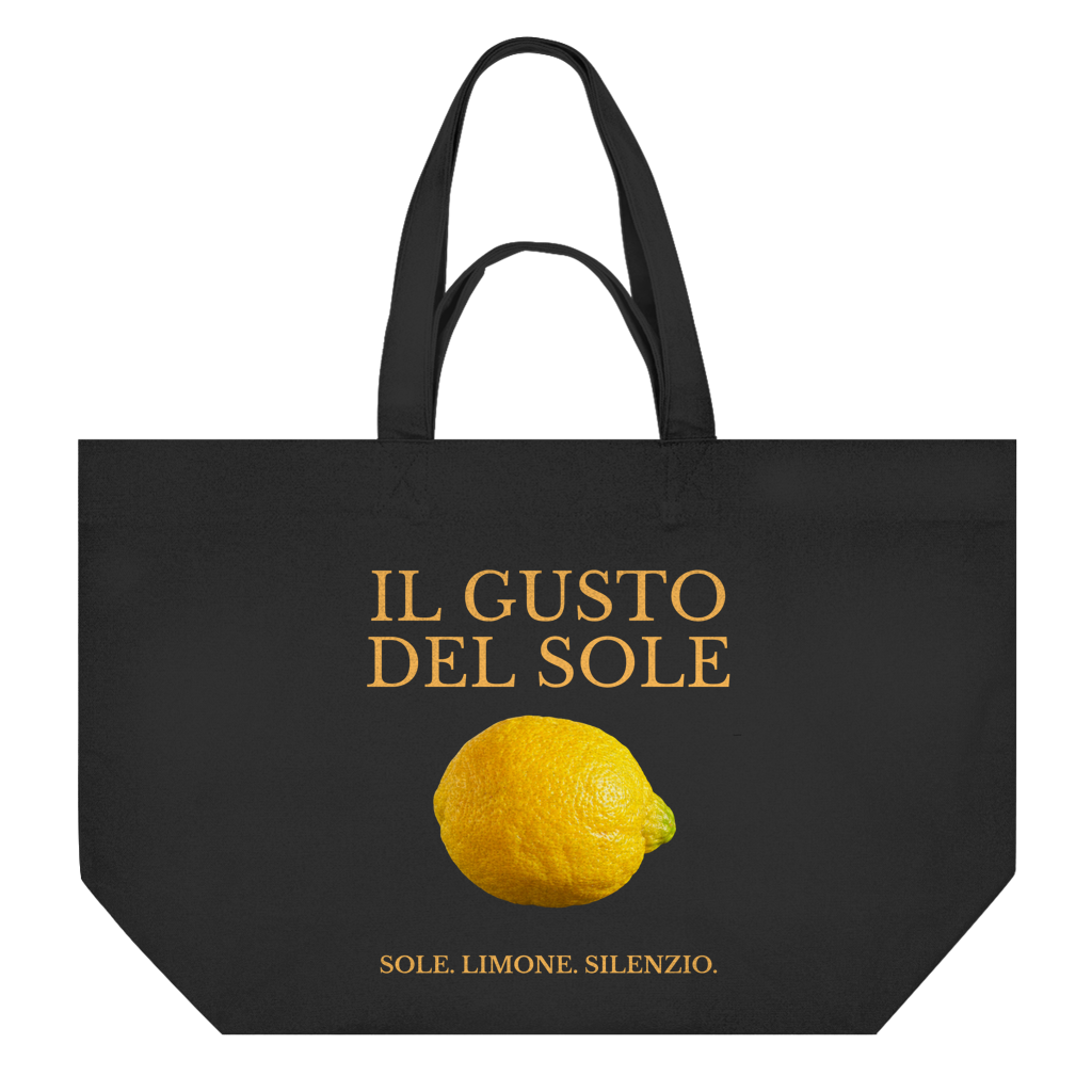 Schwarze LIMONE Canvas Bag von BACCONE mit gelber Zitrone und doppelseitigem italienischem Print
