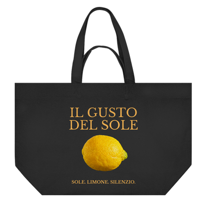 Schwarze LIMONE Canvas Bag von BACCONE mit gelber Zitrone und doppelseitigem italienischem Print
