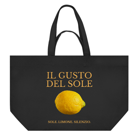 Schwarze LIMONE Canvas Bag von BACCONE mit gelber Zitrone und doppelseitigem italienischem Print
