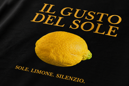 Close-up of the LIMONE backprint on premium organic cotton