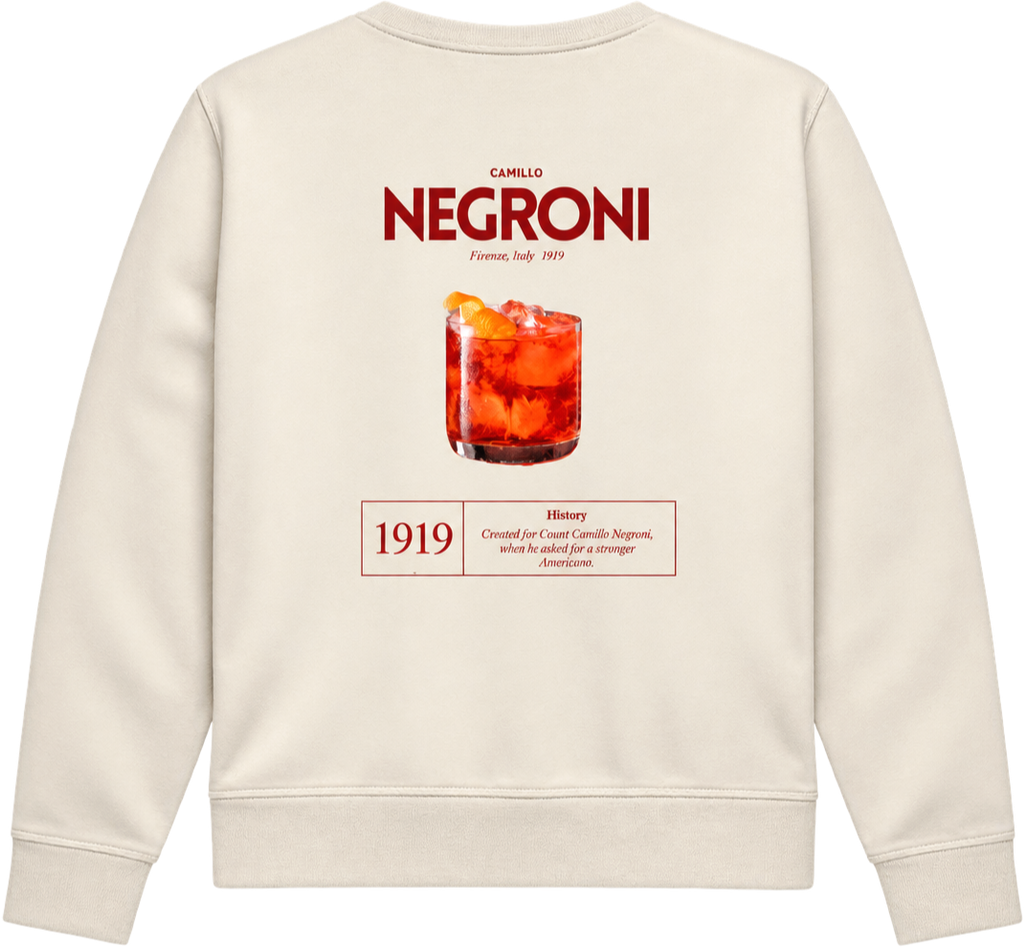 BACCONE Negroni Il Classico Premium Sweater in Grau mit rotem Negroni Cocktail Backprint, Camillo Negroni Schriftzug und historischer 1919 Grafik