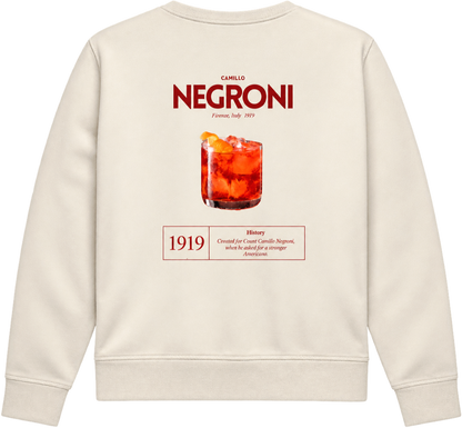 BACCONE Negroni Il Classico Premium Sweater in Grau mit rotem Negroni Cocktail Backprint, Camillo Negroni Schriftzug und historischer 1919 Grafik