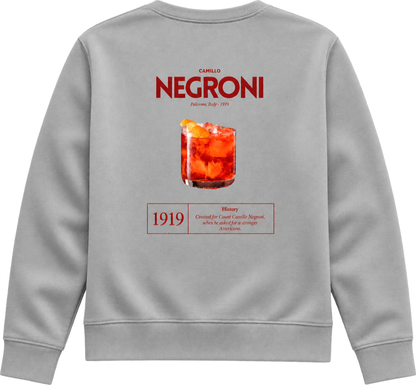 BACCONE Negroni Il Classico Premium Sweater in Grau mit rotem Negroni Cocktail Backprint, Camillo Negroni Schriftzug und historischer 1919 Grafik