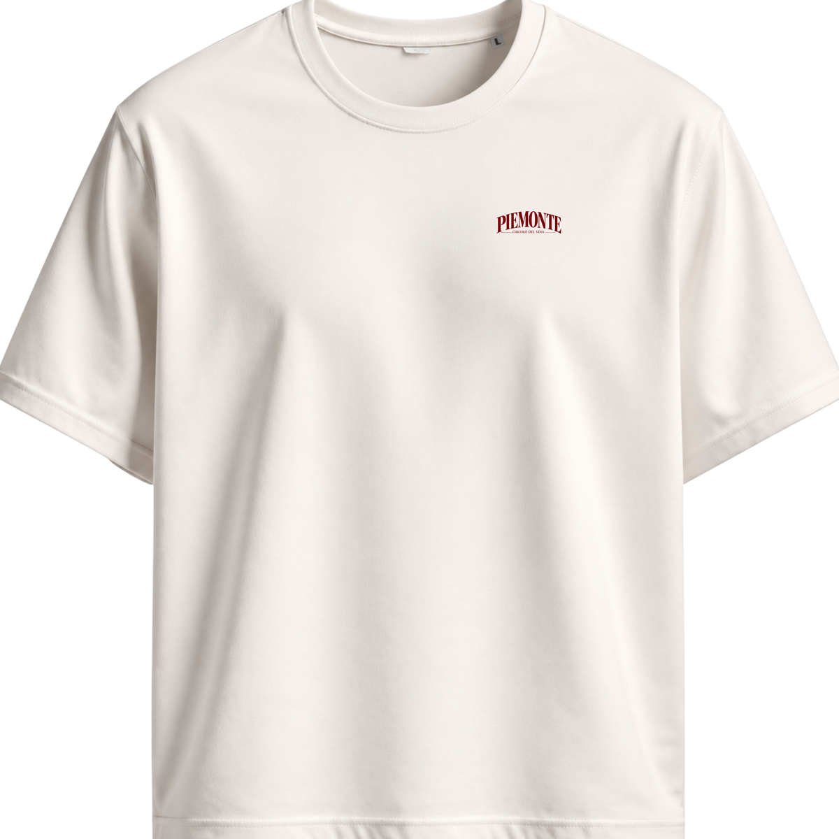 BACCONE Piemonte Circolo del Vino premium T-shirt in vintage white with minimalist burgundy red Piemonte chest logo – front view.