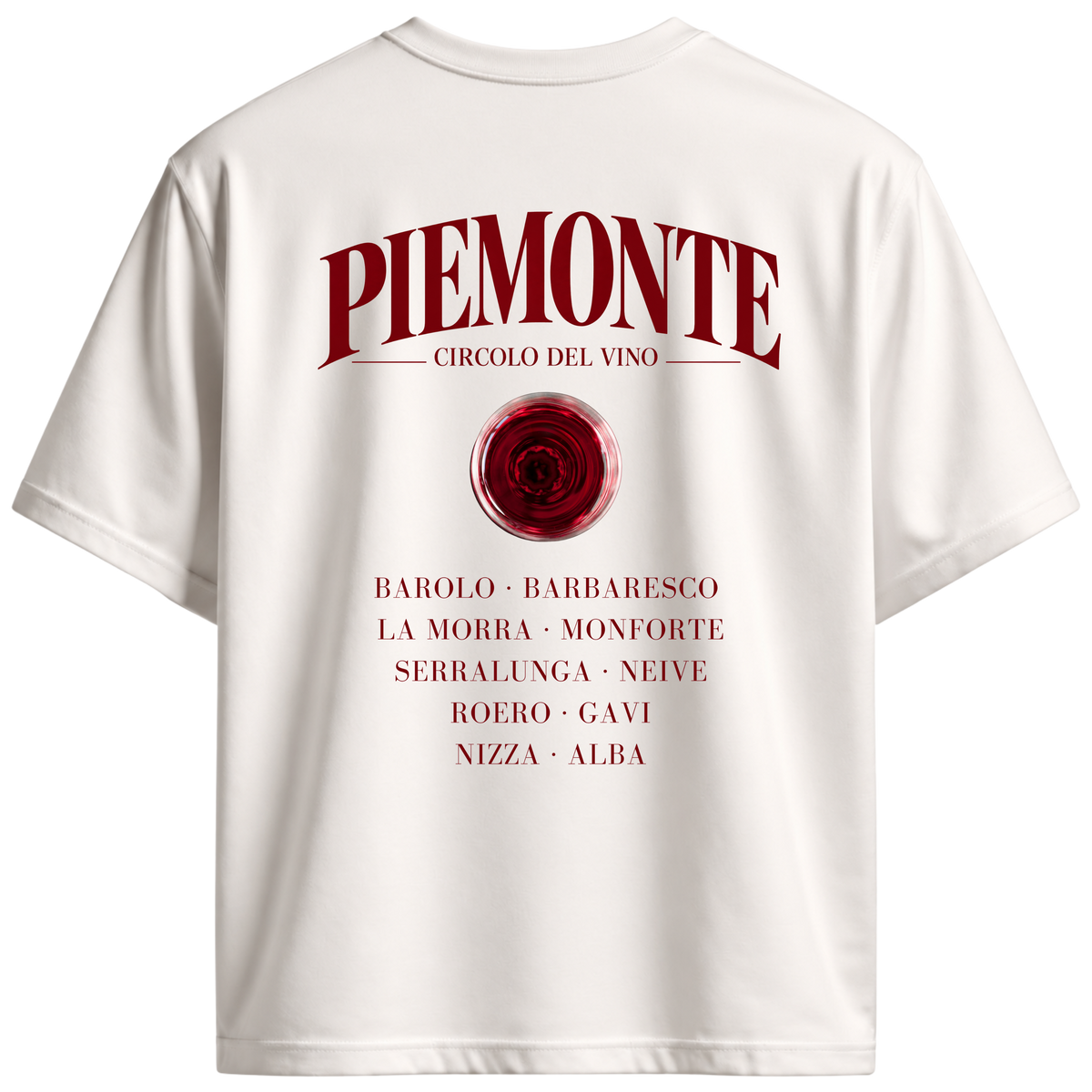 BACCONE Piemonte Circolo del Vino premium T-shirt in vintage white with burgundy red back print, red wine glass illustration and Italian wine towns Barolo, Barbaresco and La Morra – back view.