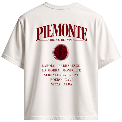 BACCONE Piemonte Circolo del Vino premium T-shirt in vintage white with burgundy red back print, red wine glass illustration and Italian wine towns Barolo, Barbaresco and La Morra – back view.